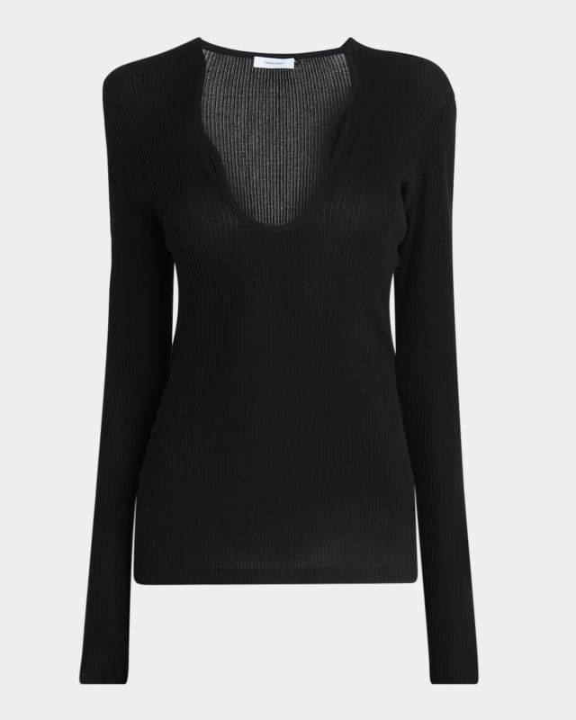 Wavy Scoop-Neck Long-Sleeve Top